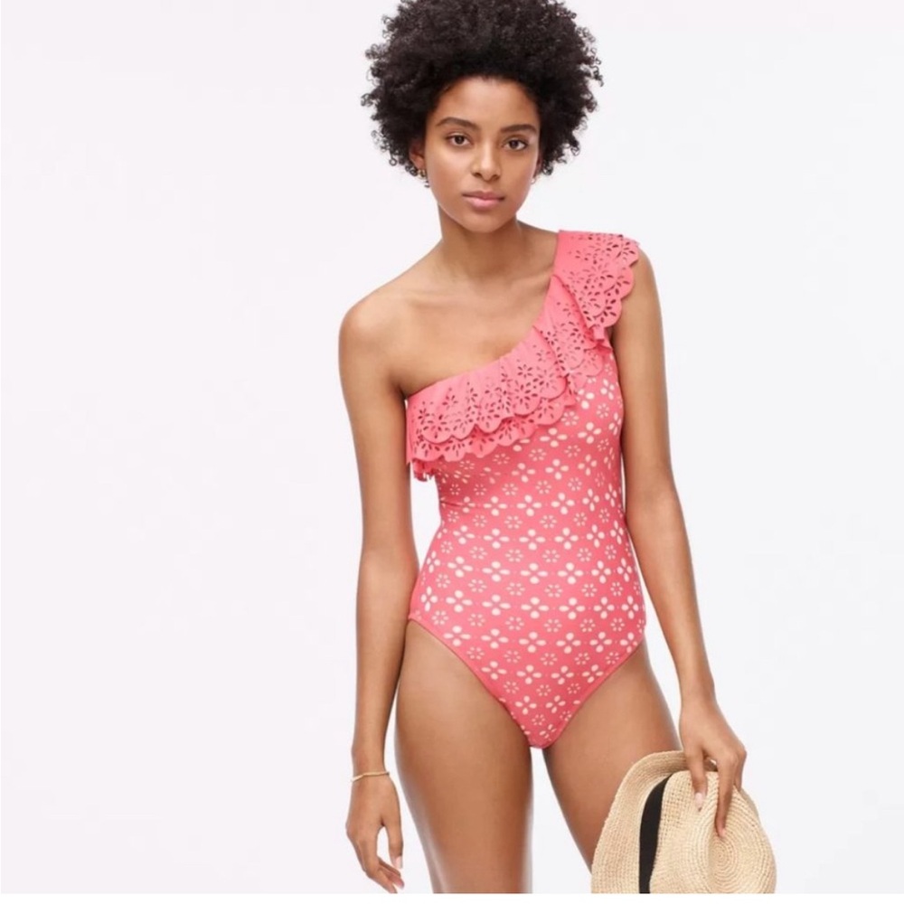 J Crew-Scalloped ruffle one-shoulder one-piece swimsuit laser-cut eyelet size 10